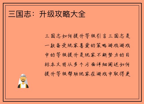 三国志：升级攻略大全