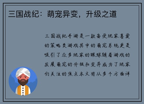 三国战纪：萌宠异变，升级之道