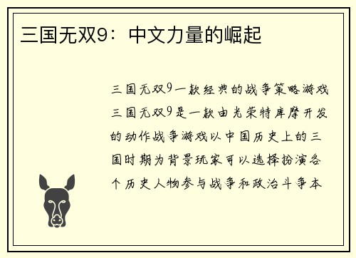 三国无双9：中文力量的崛起